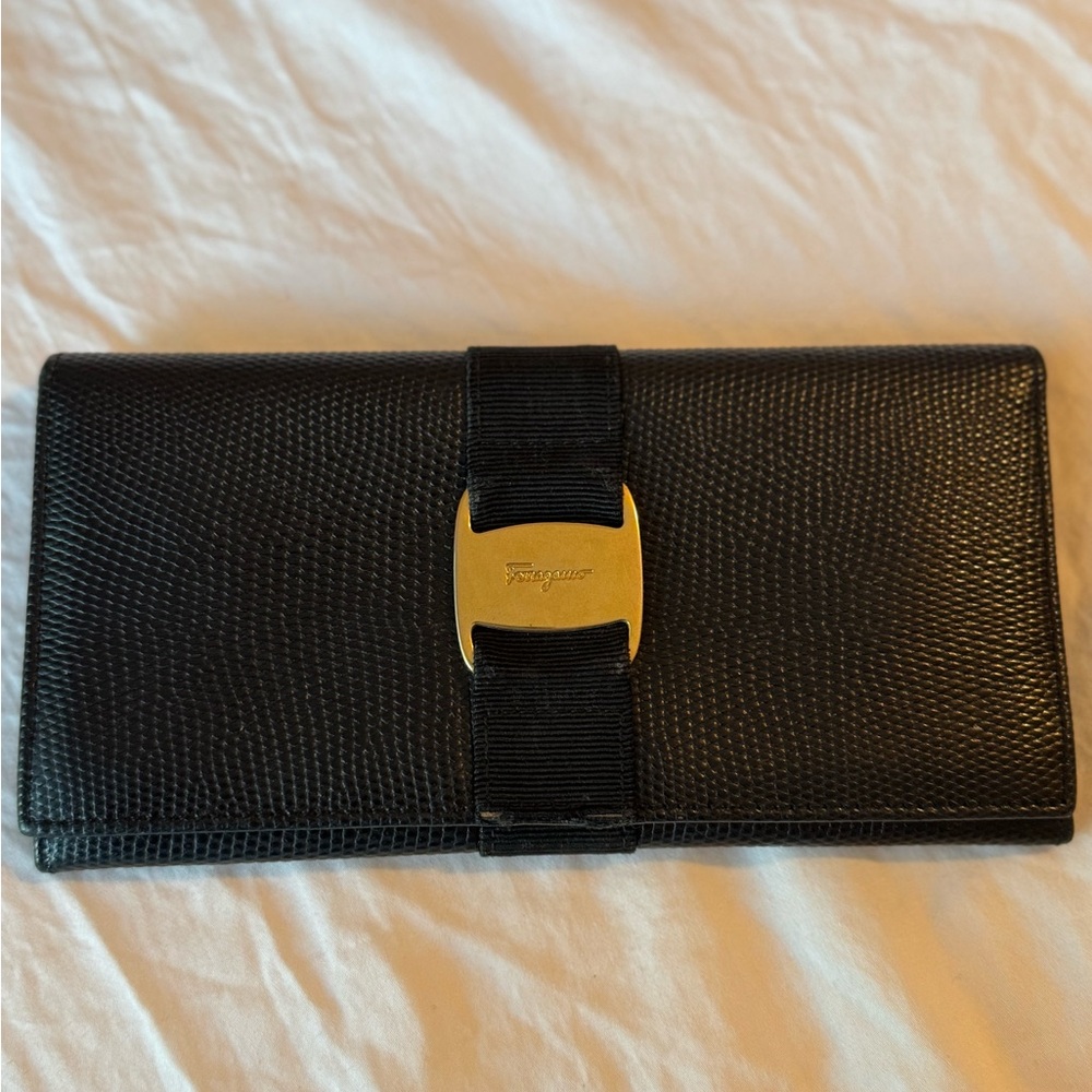 Black Ferragamo Wallet with Gold Accent